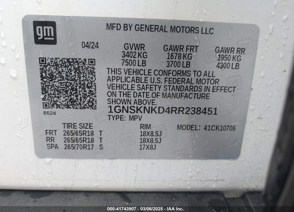 2024 CHEVROLET TAHOE 4WD LT VIN: 1GNSKNKD4RR238451