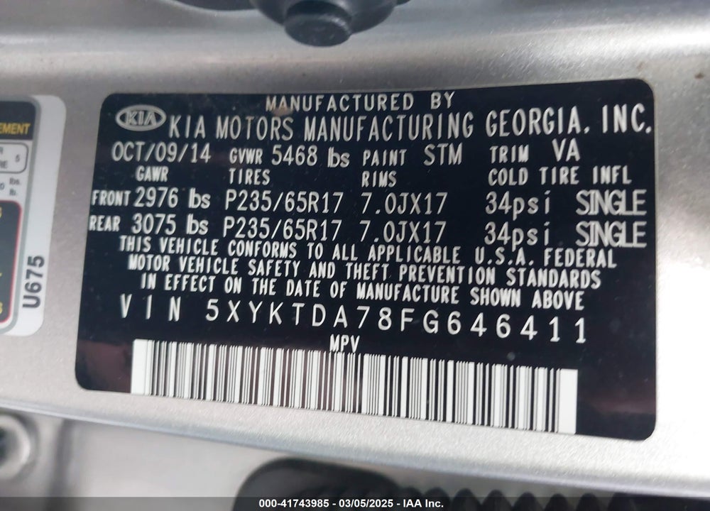 2015 KIA SORENTO LX V6 VIN: 5XYKTDA78FG646411
