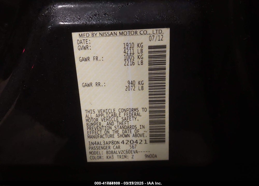 2013 NISSAN ALTIMA 2.5 SL VIN: 1N4AL3AP8DN420421
