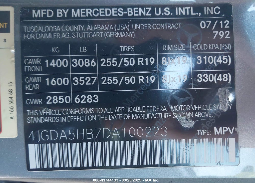 2013 MERCEDES-BENZ ML 350 4MATIC VIN: 4JGDA5HB7DA100223