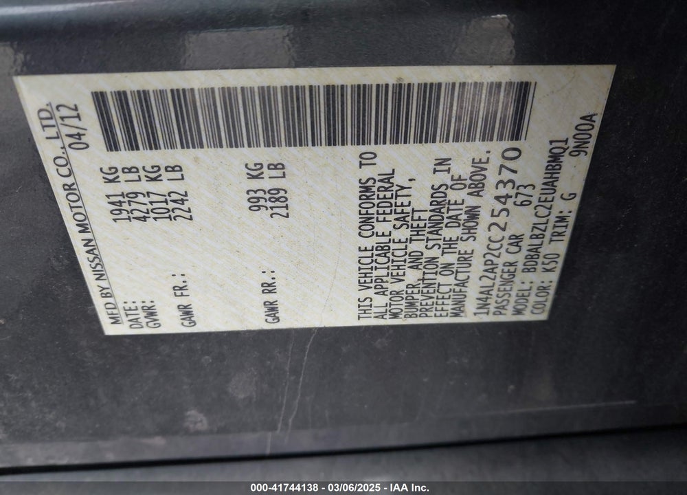 2012 NISSAN ALTIMA VIN: 1N4AL2AP2CC254370