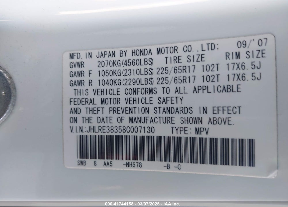 2008 HONDA CR-V VIN: JHLRE38358C007130