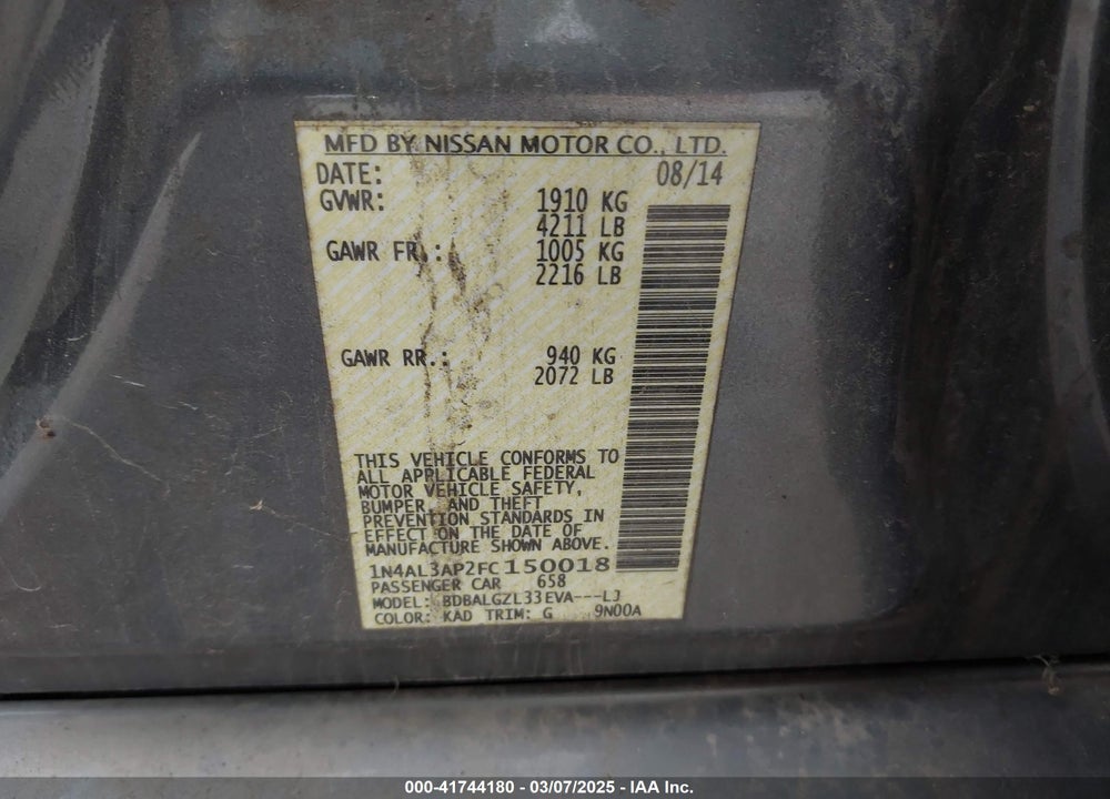 2015 NISSAN ALTIMA VIN: 1N4AL3AP2FC150018