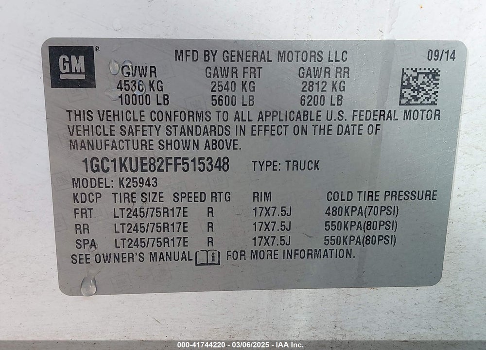 2015 CHEVROLET SILVERADO 2500HD WT VIN: 1GC1KUE82FF515348