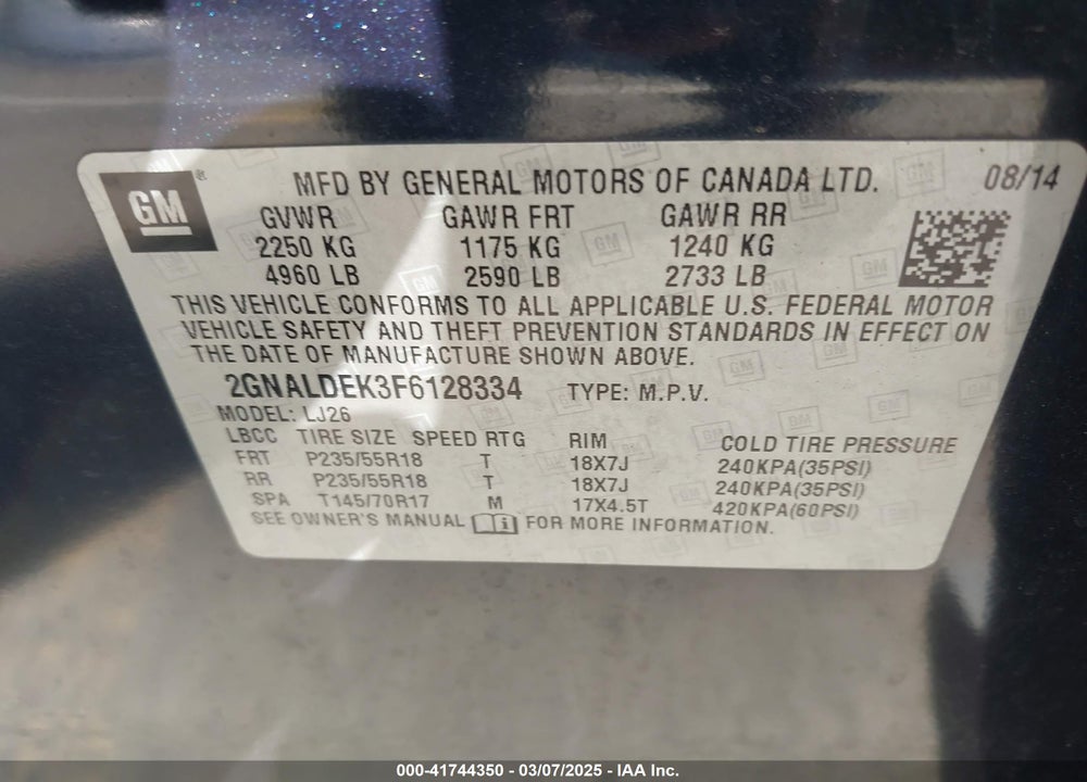 2015 CHEVROLET EQUINOX LTZ VIN: 2GNALDEK3F6128334