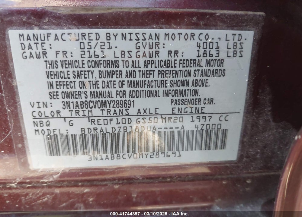 2021 NISSAN SENTRA VIN: 3N1AB8CV0MY289691