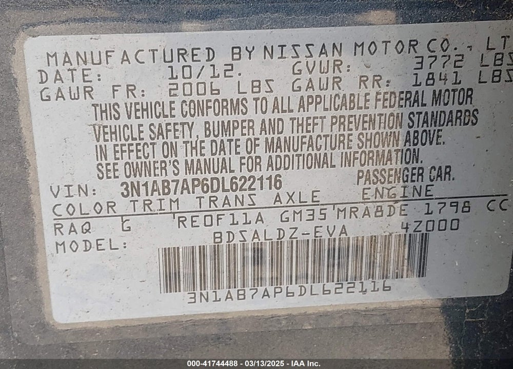 2013 NISSAN SENTRA VIN: 3N1AB7AP6DL622116