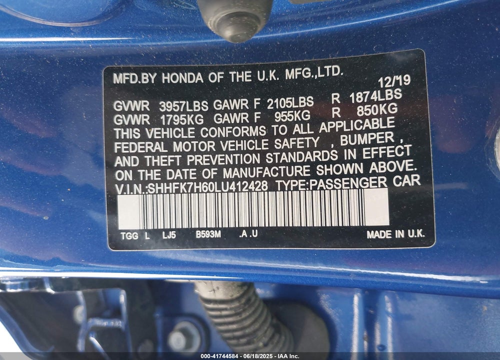 2020 HONDA CIVIC EX VIN: SHHFK7H60LU412428