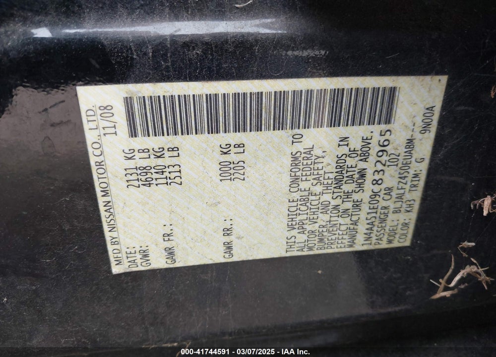 2009 NISSAN MAXIMA VIN: 1N4AA51E09C832965