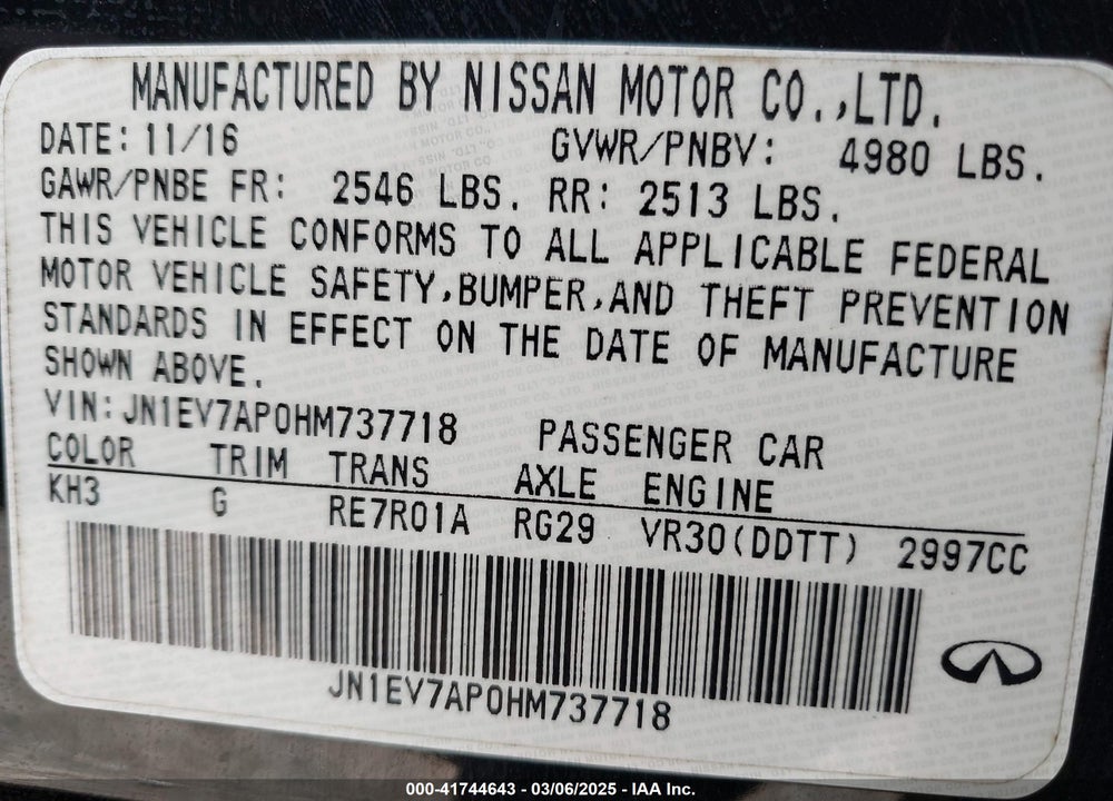 2017 INFINITI Q50 VIN: JN1EV7AP0HM737718