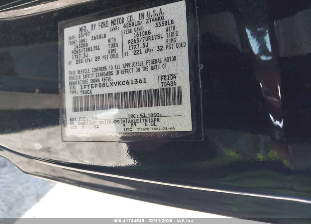 1997 FORD F-150 VIN: 1FTEF08LXVKC61361