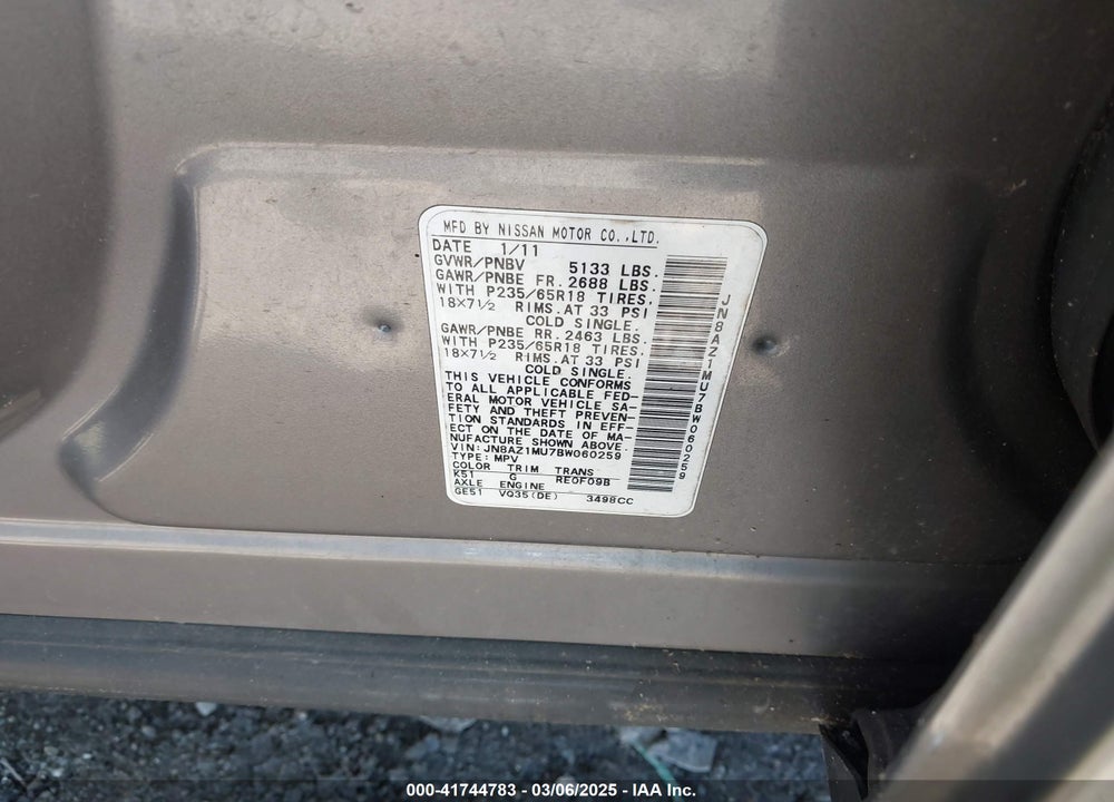 2011 NISSAN MURANO VIN: JN8AZ1MU7BW060259