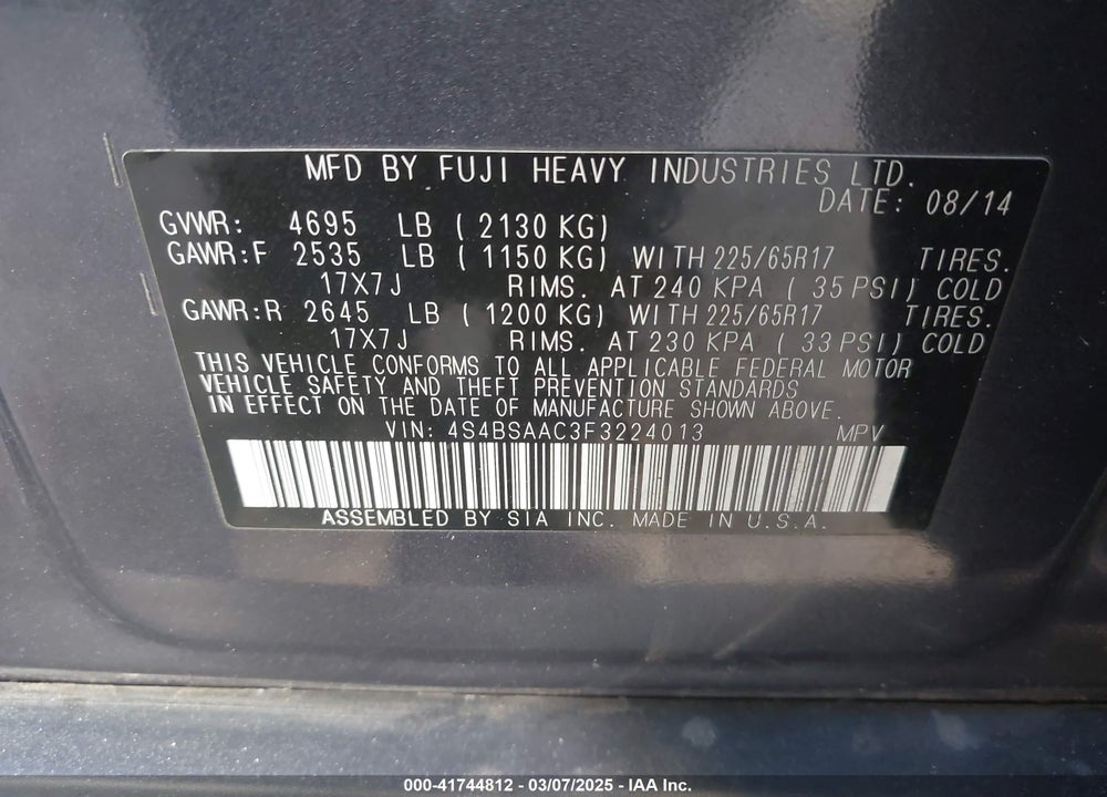 2015 SUBARU OUTBACK 2.5I VIN: 4S4BSAAC3F3224013