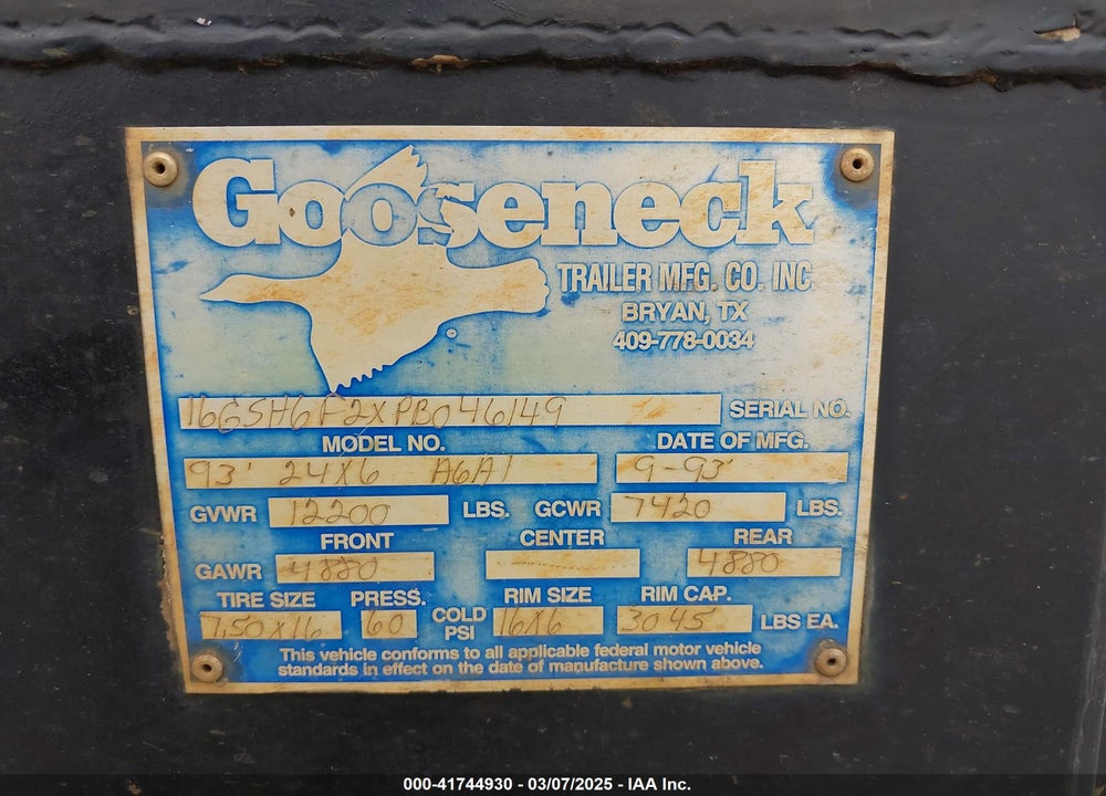 1993 GOOSENECK TRAILERS --- VIN: 16GSH6F2XPB046149