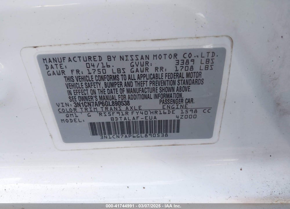 2016 NISSAN VERSA VIN: 3N1CN7AP6GL890538
