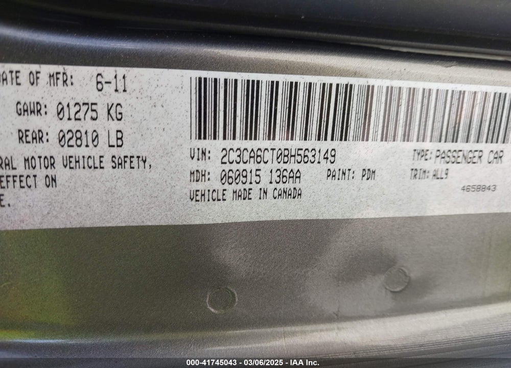 2011 CHRYSLER 300C VIN: 2C3CA6CT0BH563149