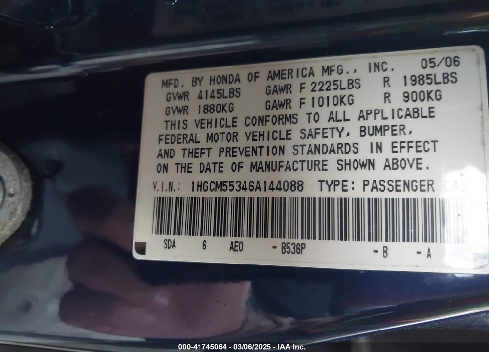 2006 HONDA ACCORD 2.4 SE VIN: 1HGCM55346A144088
