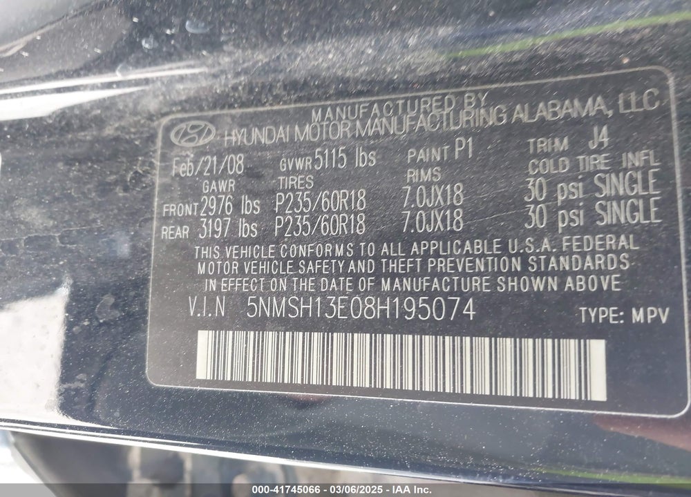 2008 HYUNDAI SANTA FE LIMITED/SE VIN: 5NMSH13E08H195074