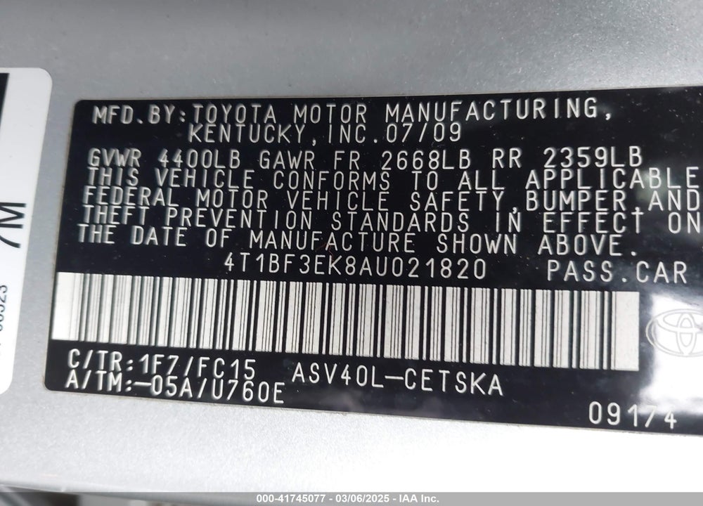 2010 TOYOTA CAMRY VIN: 4T1BF3EK8AU021820