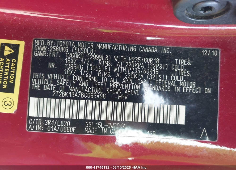 2011 LEXUS RX 350 VIN: 2T2BK1BA7BC095496