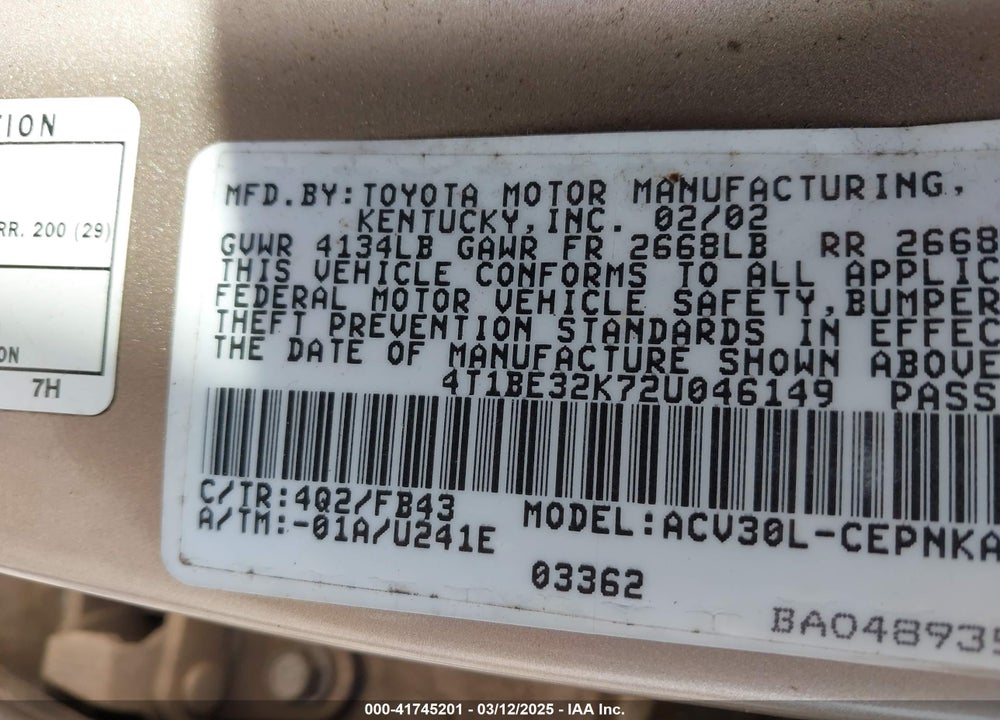 2002 TOYOTA CAMRY VIN: 4T1BE32K72U046149