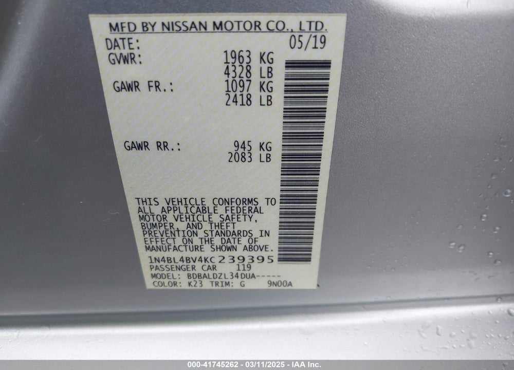 2019 NISSAN ALTIMA 2.5 S VIN: 1N4BL4BV4KC239395