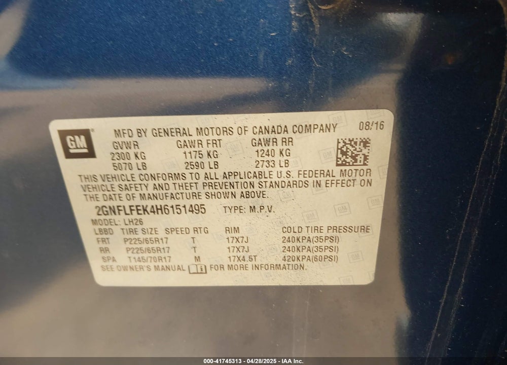 2017 CHEVROLET EQUINOX VIN: 2GNFLFEK4H6151495