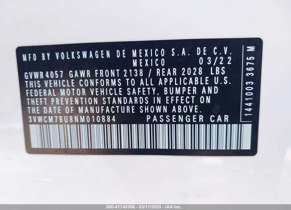 2022 VOLKSWAGEN JETTA 1.5T S VIN: 3VWCM7BU8NM010884