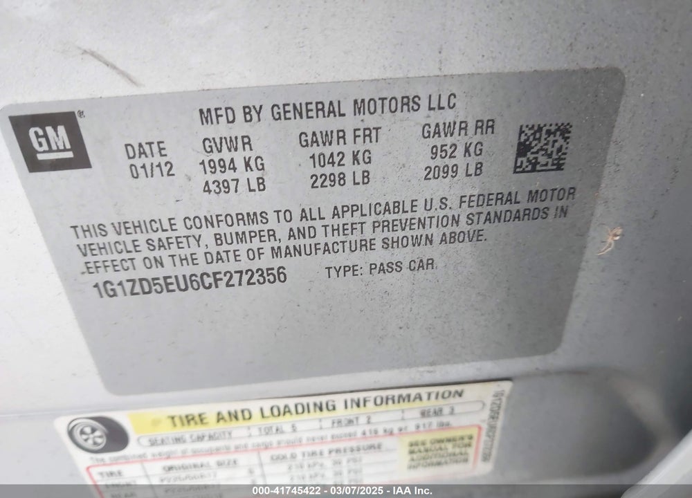 2012 CHEVROLET MALIBU VIN: 1G1ZD5EU6CF272356