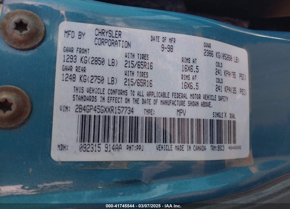 1999 DODGE CARAVAN SE VIN: 2B4GP45GXXR157734