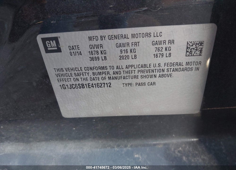 2014 CHEVROLET SONIC LT AUTO VIN: 1G1JC6SB1E4162712