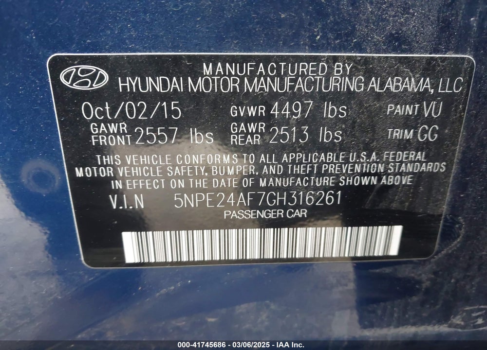 2016 HYUNDAI SONATA VIN: 5NPE24AF7GH316261