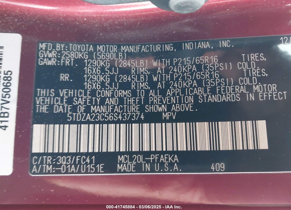 2006 TOYOTA SIENNA VIN: 5TDZA23C56S437374