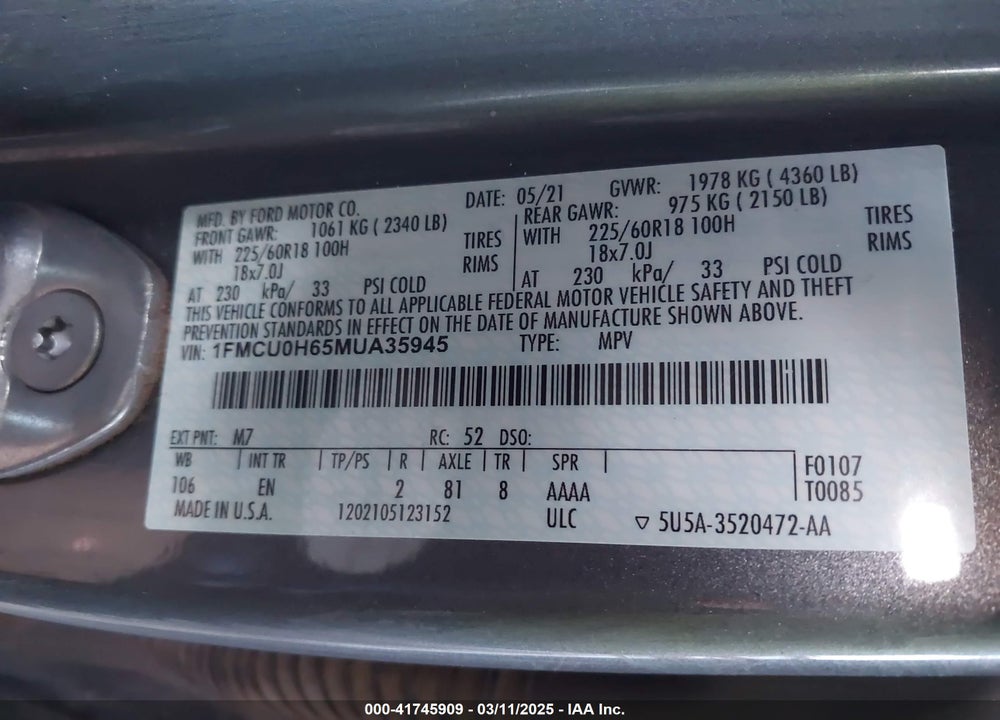2021 FORD ESCAPE SEL VIN: 1FMCU0H65MUA35945