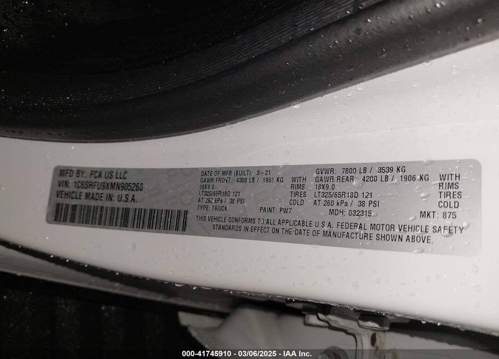 2021 RAM 1500 VIN: 1C6SRFU9XMN905260