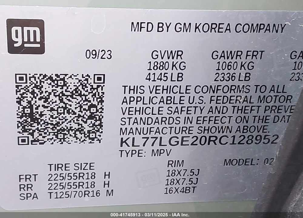 2024 CHEVROLET TRAX FWD 1RS VIN: KL77LGE20RC128952