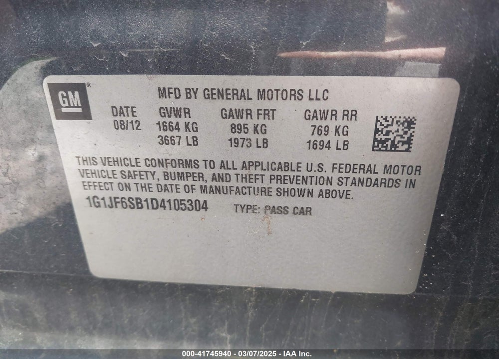 2013 CHEVROLET SONIC VIN: 1G1JF6SB1D4105304