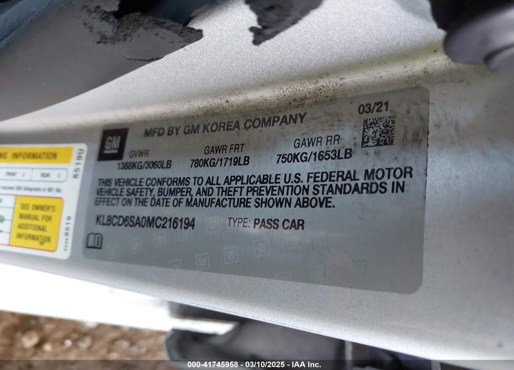 2021 CHEVROLET SPARK FWD 1LT AUTOMATIC VIN: KL8CD6SA0MC216194