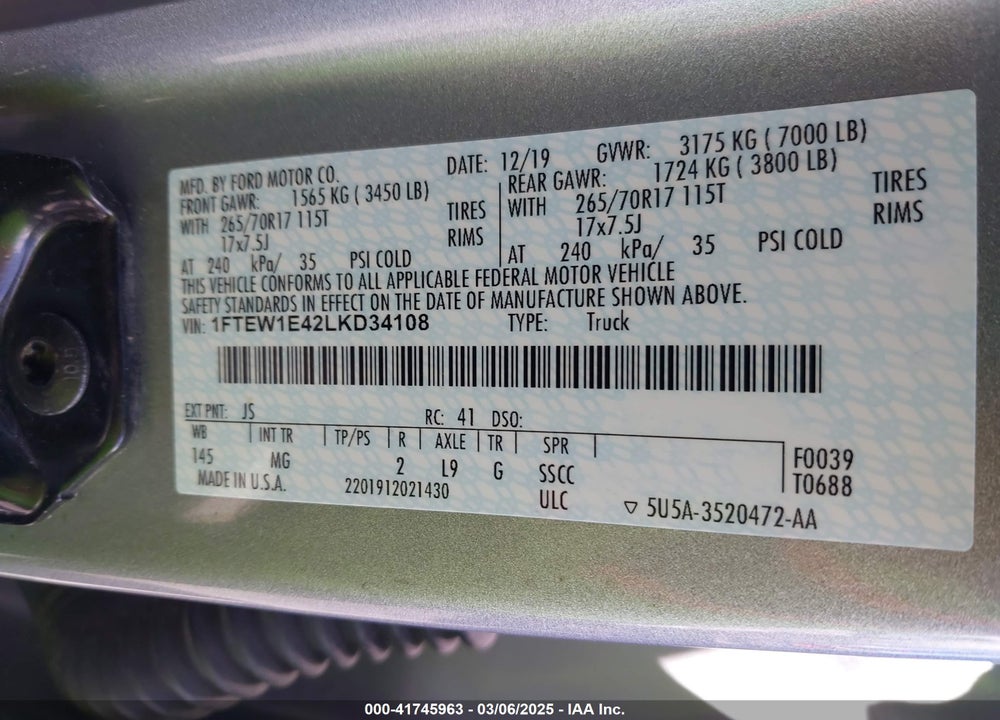 2020 FORD F-150 VIN: 1FTEW1E42LKD34108