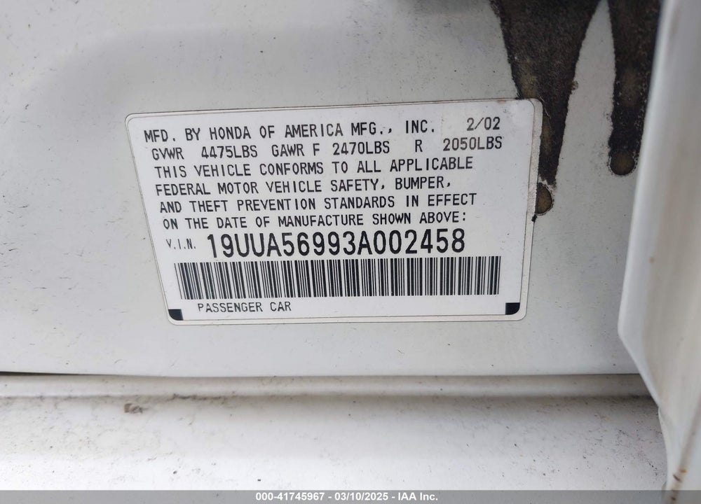 2003 ACURA TL 3.2 TYPE S VIN: 19UUA56993A002458