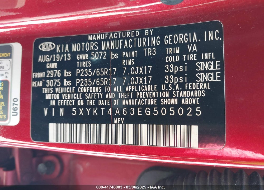 2014 KIA SORENTO VIN: 5XYKT4A63EG505025