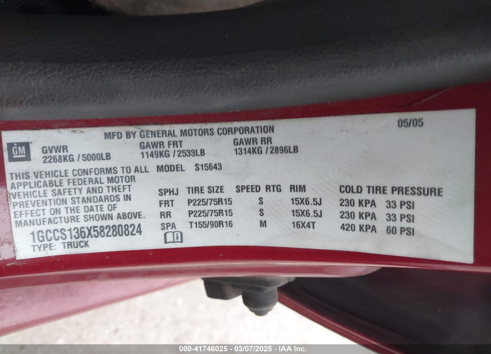2005 CHEVROLET COLORADO LS VIN: 1GCCS136X58280824