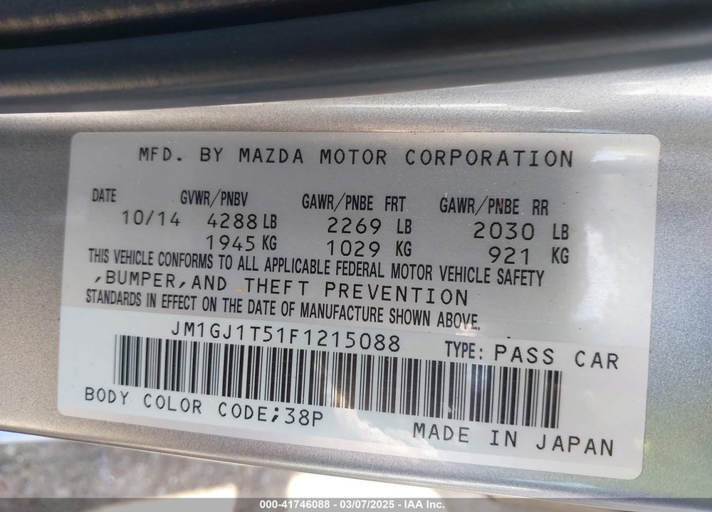 2015 MAZDA MAZDA6 VIN: JM1GJ1T51F1215088