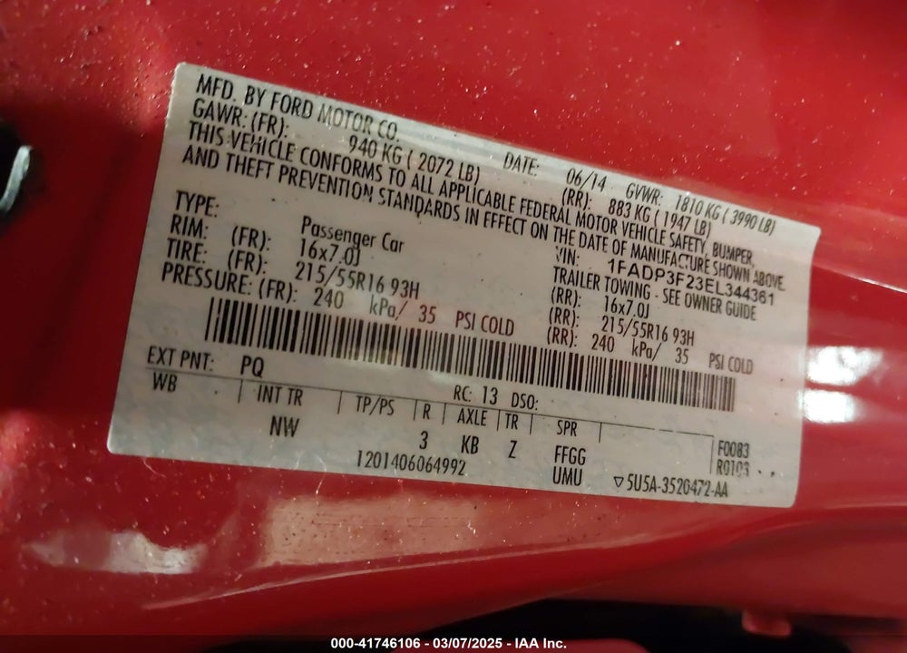 2014 FORD FOCUS VIN: 1FADP3F23EL344361