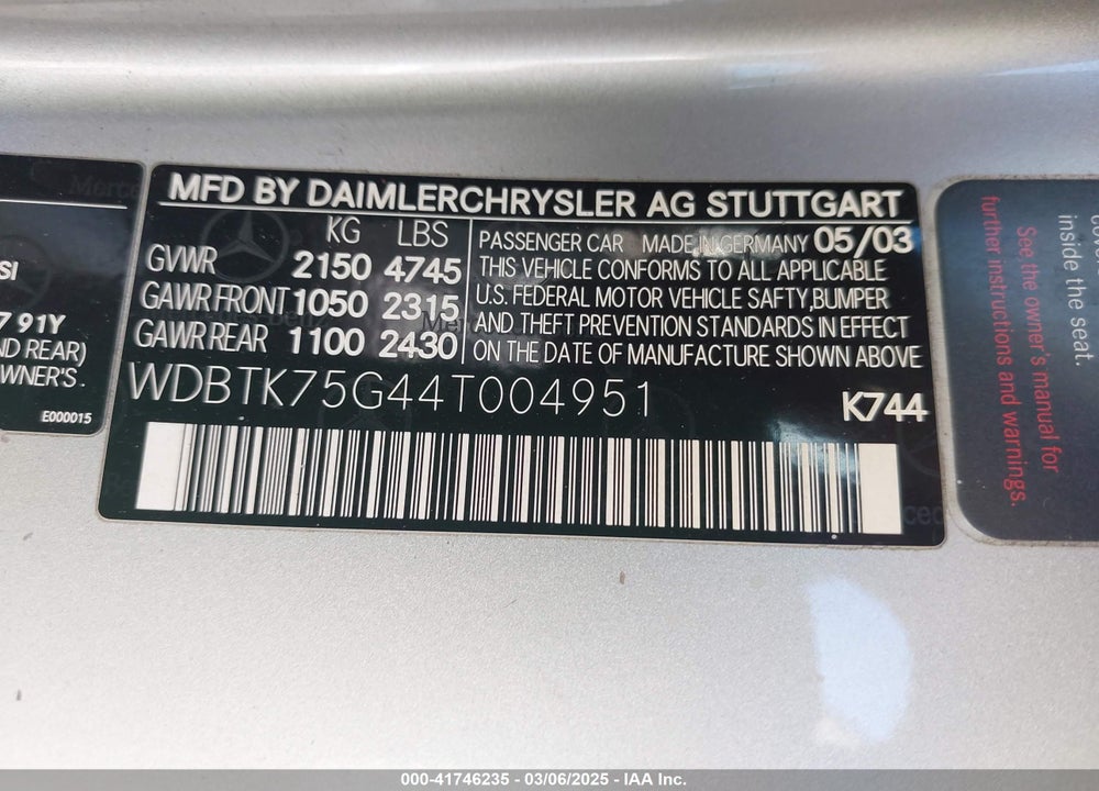 2004 MERCEDES-BENZ CLK 500 VIN: WDBTK75G44T004951