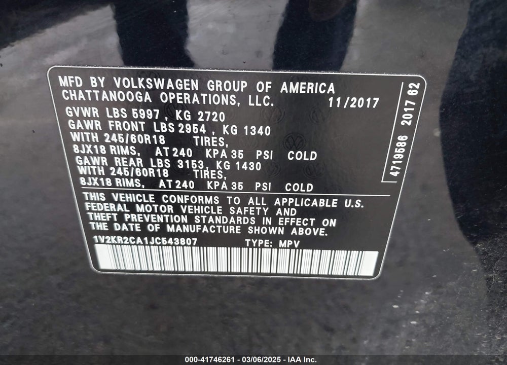2018 VOLKSWAGEN ATLAS VIN: 1V2KR2CA1JC543807