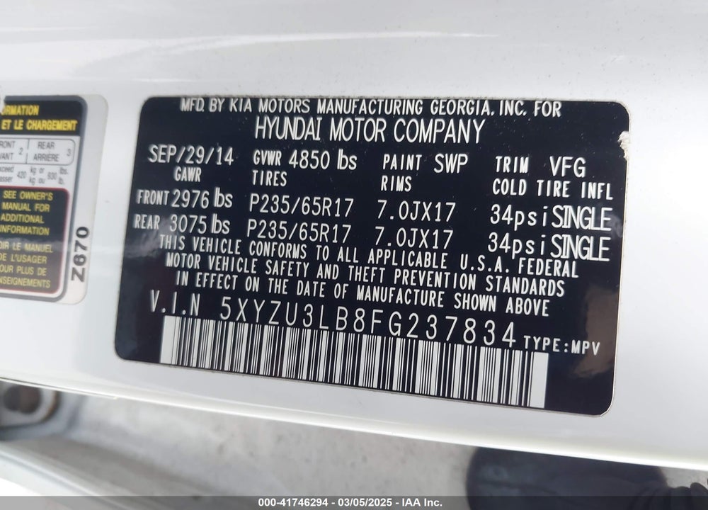 2015 HYUNDAI SANTA FE SPORT 2.4L VIN: 5XYZU3LB8FG237834