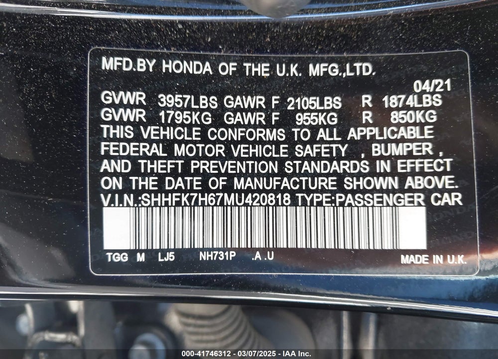 2021 HONDA CIVIC EX VIN: SHHFK7H67MU420818