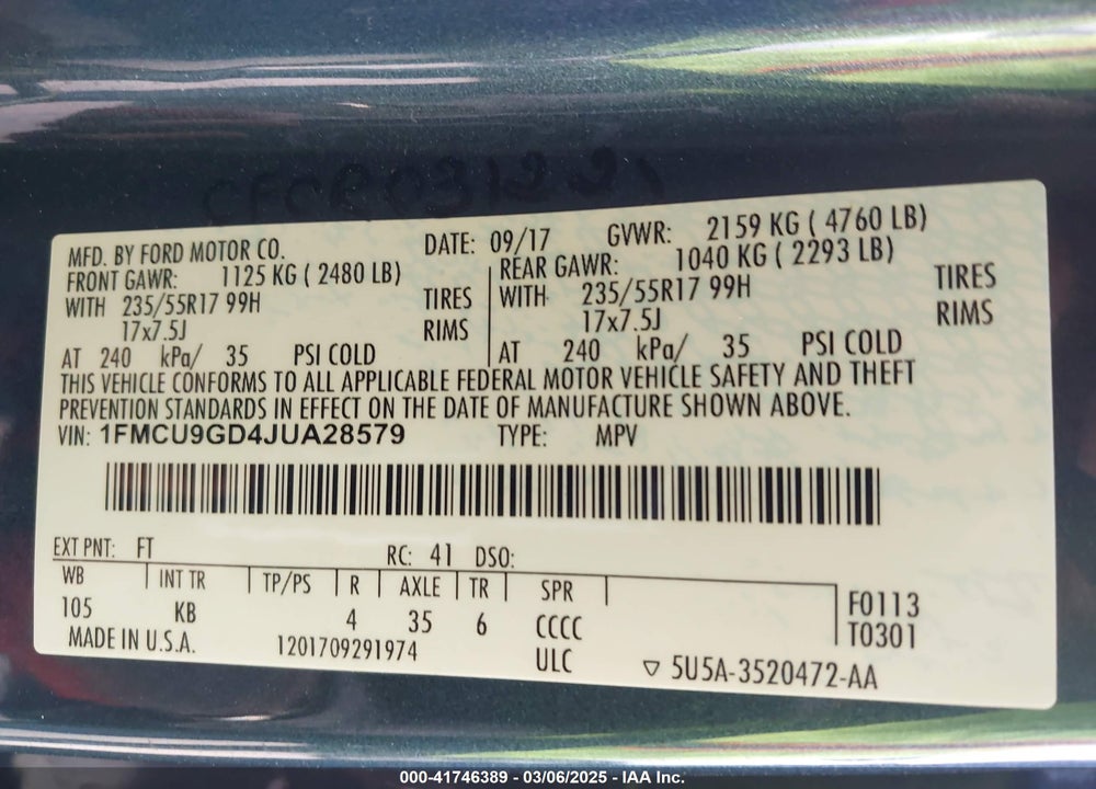 2018 FORD ESCAPE SE VIN: 1FMCU9GD4JUA28579
