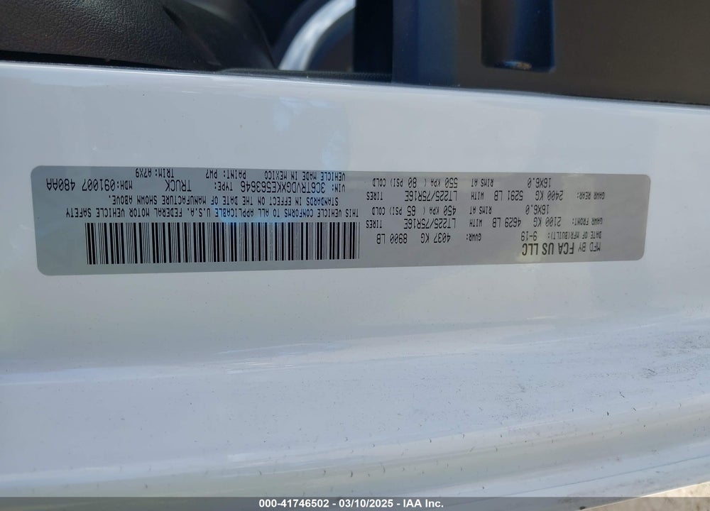 2019 RAM PROMASTER 2500 HIGH ROOF 159 WB VIN: 3C6TRVDGXKE563646